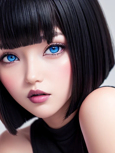  Pretty girl with black hair bob cut with bangs and blue eyes pink cheeks full lips and dark makeup, big tits, softcore, NSFW. perfect detailed 12k, ,high resolution 