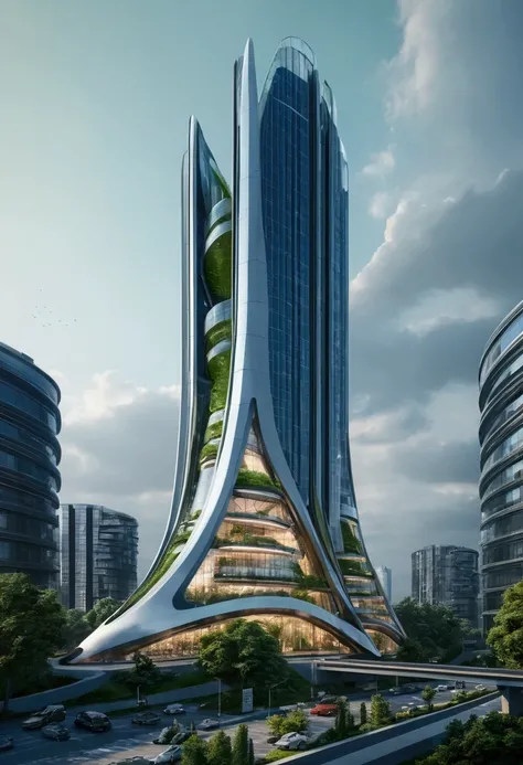 TECHNOLOGY BUILDING, TOWER BUILDING VIEW, FUTURISTIC BUILDINGS, BUILDINGS LUXURY, UNIQUE AND MODERN, GLASS WALLED BUILDING, LARGE GARDEN, GREEN CITY AND NATURAL SETTINGS AS WELL THERE IS A HIGHWAY, REALISTIC QUALITY ULTRA HD