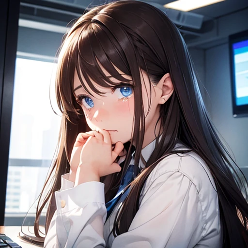   girl, blue eyes,  brown long hair, Crying, Big tears, Short, , Private Server