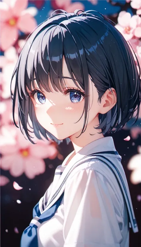 A girl, watercolor, blurry, blurry line, black hair, short hair, shy smile, open eye, slightly look up, , school uniform, from side, cherryblossom background, Rule of thirds