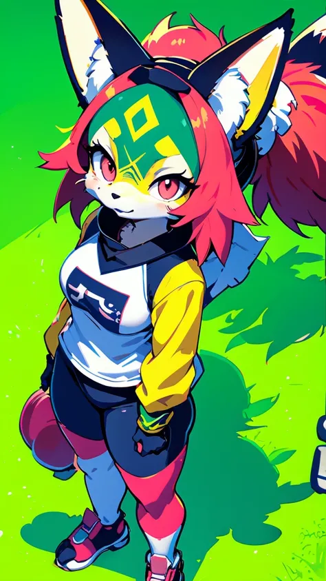 fox, cyberpunk, (Japanese, samurai, Capoeira, Brazilian), 1 woman, wakame, Cherry on the forehead, ((Mechanical Gym Clothing, Green colors, Amerindian and pink)), green background, night, Chibi, white background, best quality, best masterpiece,  high defin...