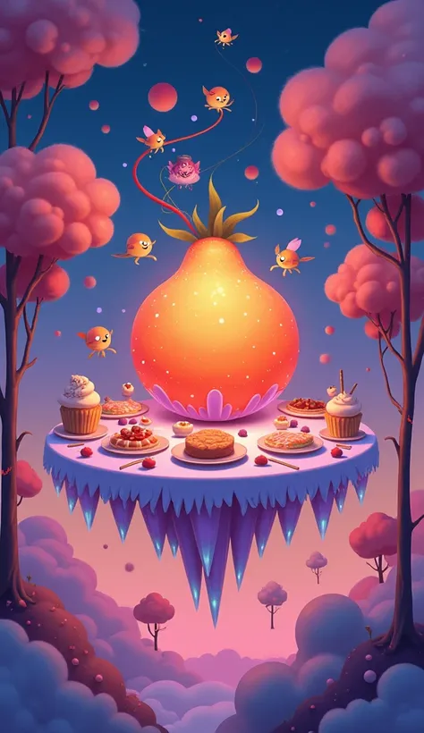 Imagine a whimsical feast laid out on a floating table of shimmering, iridescent crystals, floating above a calm, cloud-like landscape in the enchanting twilight hours. At the center of the painting is a large, fantastical fruit glowing in vibrant orange a...