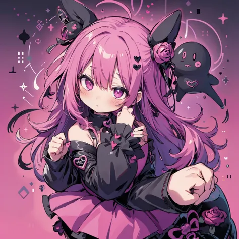 attractive face、chibi、magenta background、black clothes、long sleeves with flared cuffs、shoulders are exposed、one piece flare skir...