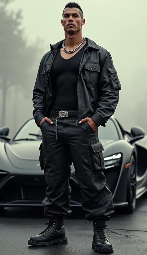 A very muscular  , young alpha male ,  that looks like Cristiano Ronaldo with a military short haircut ,  standing in front of an expensive sports car ,  wears a black tight-fitting tank top and a large curb chain , wears black camouflage army pants and bl...