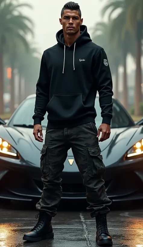 A very muscular  , young alpha male ,  that looks like Cristiano Ronaldo with a military short haircut ,  standing in front of an expensive sports car , wears a black hoodie  , wears black camouflage army pants and black boots  , has a cool facial expressi...