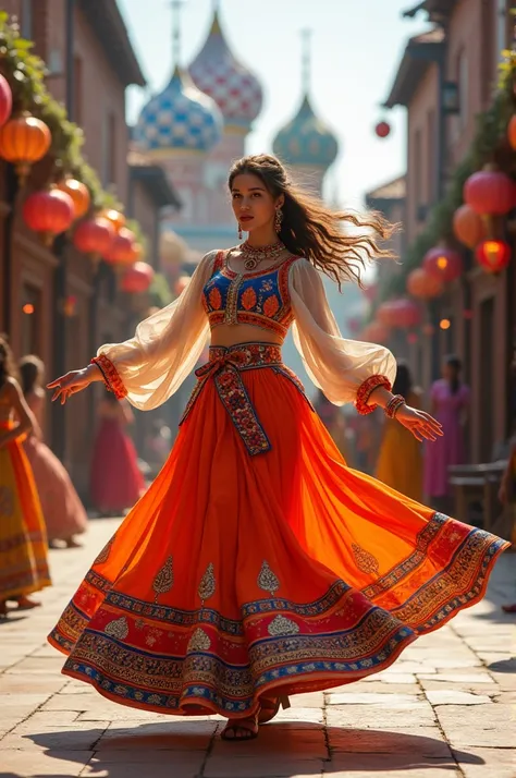 **Video Prompt:** 

"Create a hybrid video featuring a Russian girl performing a vibrant garba dance. The scene should blend traditional Russian elements, such as costumes or backgrounds, with the colorful and dynamic atmosphere of a garba celebration. Cap...