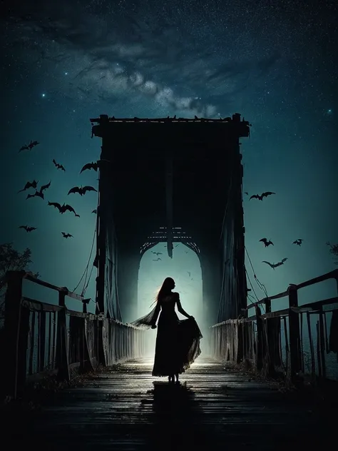 Beneath a starless sky, a haunting scene unfolds on a decrepit wooden bridge stretching over dark waters, faintly illuminated by distant stars. A woman in a tattered white dress stands eerily still on the bridge, her pale green skin marred by dark, ominous...