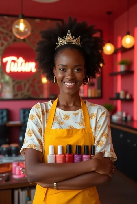 Create a hyper realistic image of a modern saloon showing a 25 years old African brown skin lady on afro wearing an apron and a criwn smiling and holding different colors of nail polish with focus the logo reflecting in a mirror with the name Tutun Beauty ...