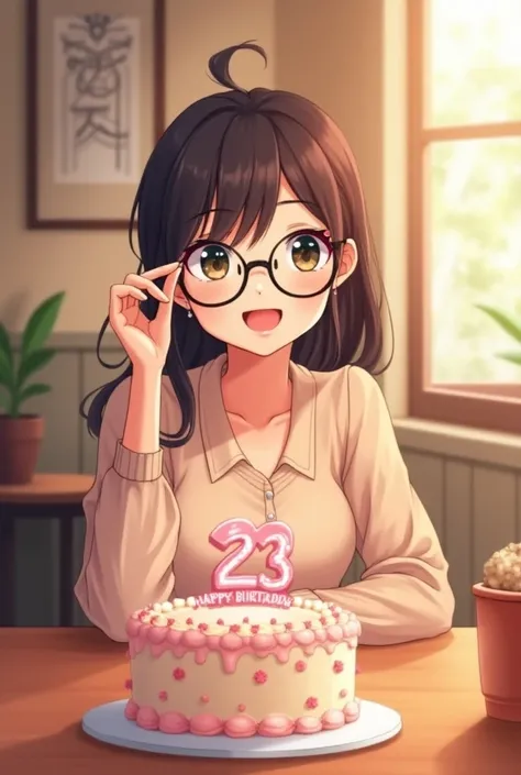 anime style,,,,a birthday girl sitting in the table,, with cake on the table,,a girl have eye glasses,,23 years old,,a cake have a design (Happy 23rd birthday besss) 