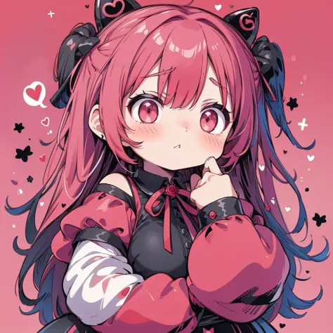 attractive face、chibi、red pink background 、black clothes、long sleeves with flared cuffs、shoulders are exposed、one piece flare sk...