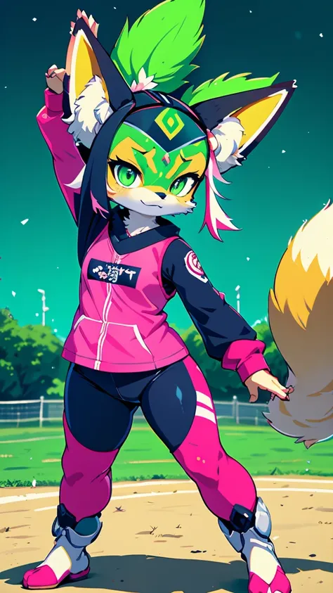 fox, cyberpunk, (Japanese, samurai, Capoeira, Brazilian), 1 woman, wakame, Cherry on the forehead, ((Mechanical Gym Clothing, Green colors, Amerindian and pink)), green background, night, Chibi, white background, best quality, best masterpiece,  high defin...