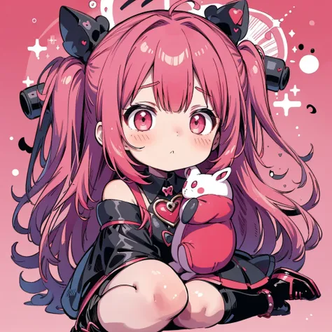 attractive face、chibi、red pink background 、black clothes、long sleeves with flared cuffs、shoulders are exposed、one piece flare sk...