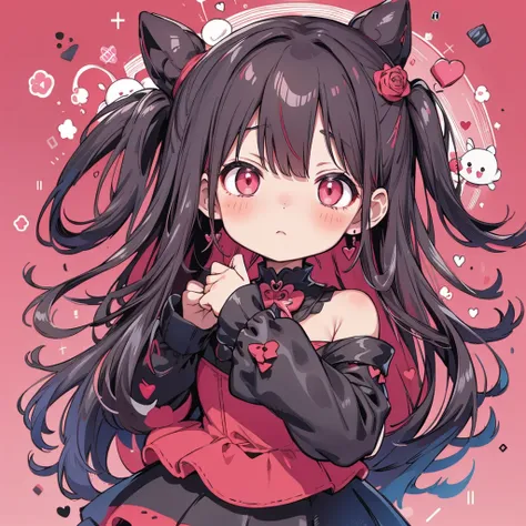 attractive face、chibi、red pink background 、black clothes、long sleeves with flared cuffs、shoulders are exposed、one piece flare sk...