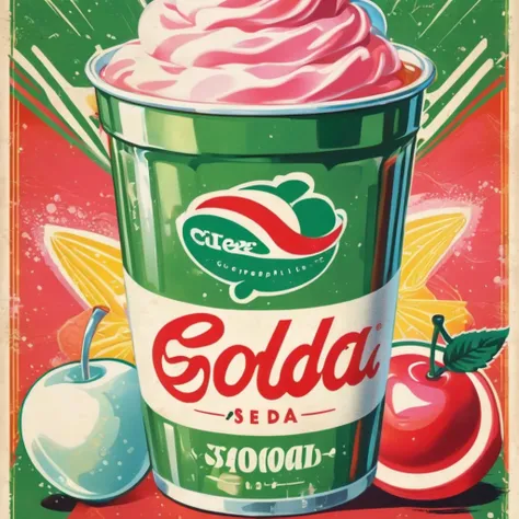 A close up of two cream soda with ice cream and a cherry on top. 1960s, japanese retro style. retro style art, retro poster. Showa Retro. retro advertisement, clear green cream soda and clear pink cream soda in retro glasses.