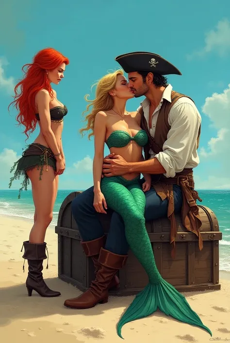 An erotic NSFW sexy realistic (comicbook) style image of a smiling pirate sitting on a closed treasure chest on a beach while kissing a young blonde mermaid sitting in his lap. A sexy pirate redheaded woman wearing rag clothes and boots is to the left behi...