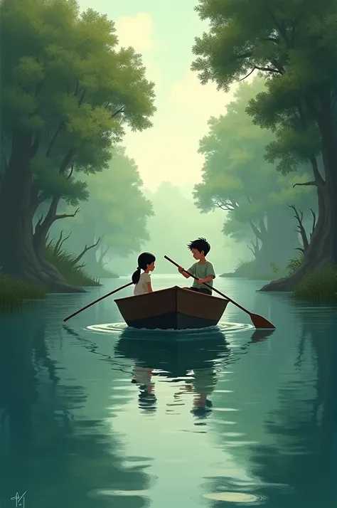 A boat is moving in the river, a boy is sitting on one head of the boat, a girl is sitting on the other head, the boy is driving the boat, there are many forests around the 