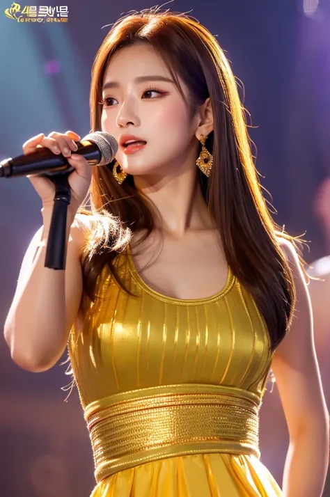 HD，best quality，masterpiece，一個beauty日本女孩，beauty， Coming Out In Korea ， Exquisite Face ，21 years old， Exquisite Korean Makeup ，Mature，Small waist，vest line，Perfect body， Shiny Golden Long Hair ， Midas Touch Singing Costume， Korean Singing Stage ， Exquisite ...