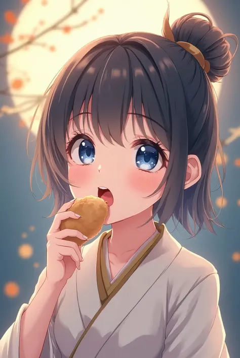 Anime Girl、Mid-Autumn Moon、Dumpling、A figure eating with its big mouth open、Delicate design、blue eyes, Character portrait, abstract, Best Quality, 