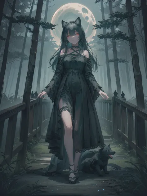 Beneath a starless sky, a haunting scene unfolds on a decrepit wooden bridge stretching over dark waters, faintly illuminated by distant stars. A woman in a tattered white dress stands eerily still on the bridge, her pale green skin marred by dark, ominous...