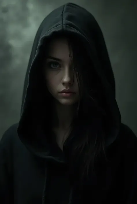 A girl in black hoodie with long hair 