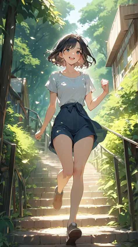 1 girl, Natural smile, Bright Eyes,  Short Straight Hair ,  casual clothes ,  Running Up the Stairs ,  Active Posture , Healthy Skin, Modest chest, A happy look,  
break,  
 Stairs Where the Sun Shines In , ( Soft Lighting:1.2),  Vivid Hues , Light Shadows...