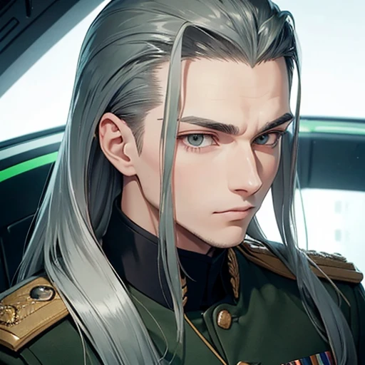 27-year-old male, Silver long hair, slicked back hairstyle, Narrow eyes, Green military uniform, Black collar, Inside the spaceship