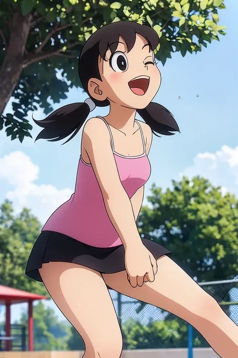 (masterpiece), (very high resolution), (best quality), (extremely detailed), (highres),
1 girl, solo,
drsizukachan1, black hair, low twintails, black eyes,
BREAK
camisole,  miniskirt,
dynamic pose,  playing, doing aerobic exercises,
dynamic angle,
laughing...