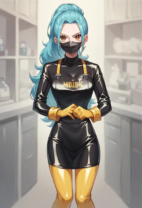 One piece,  Nefertari Lived, (( yellow extra long latex gloves)), (black latex paramedic suit ), ((long sleeves)),   Looking at the viewer , standing, One, black medical mask, rubber medical apron