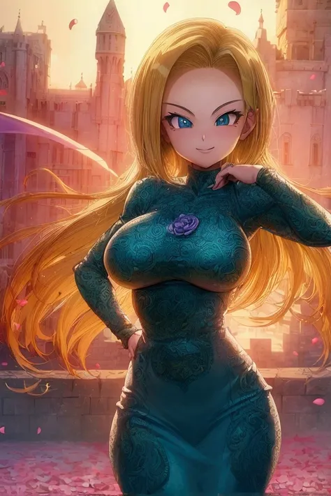 (8k, Best Quality, Anime Style,  viewers, Bright atmosphere, smile, Teenage Girls, Intricate details:1.3),( 1 girl , Android 18 from Dragon Ball Z, Big Breasts, I can see the valley, Nice body), ( wedding dress, Petals fluttering, Standing posture that sho...