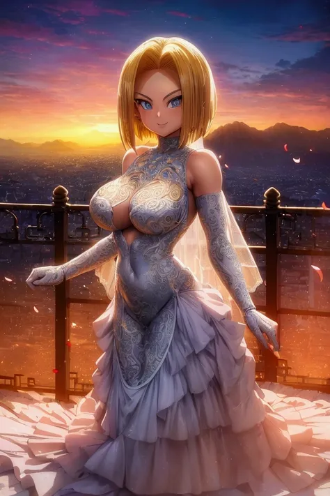 (8k, Best Quality, Anime Style,  viewers, Bright atmosphere, smile, Teenage Girls, Intricate details:1.3),( 1 girl , Android 18 from Dragon Ball Z, Big Breasts, I can see the valley, Nice body), ( wedding dress, Petals fluttering, Standing posture that sho...