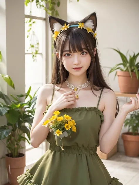  1 girl, :d, animal ear fluff, Animal ears, bangs, black Hairbands, Blonde, Blurred, Blurred background,  depth of field, dress, flower, flower pot, frilled dress, frills, green dress, green eyes, Hairbands, holding, Long Hair,  open your mouth, Pink Flowe...