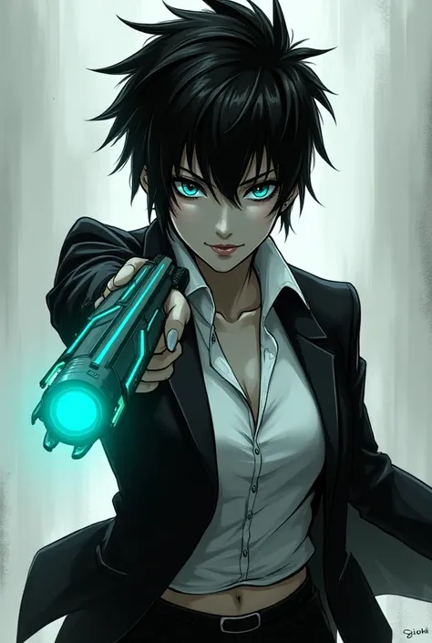 Create a dynamic real-style illustration of a confident female character with spiky black hair, wearing a sharp, unbuttoned suit and a white shirt. she is pointing a futuristic high-tech gun directly towards the viewer, her posture bold and slightly leanin...