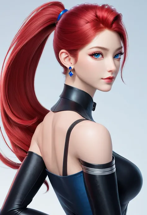 A woman with black sleeveless catsuit with bare shoulders, beautiful face, red long ponytail, earrings, soft smooth skin, pale skin, blue eyes, muscular arms