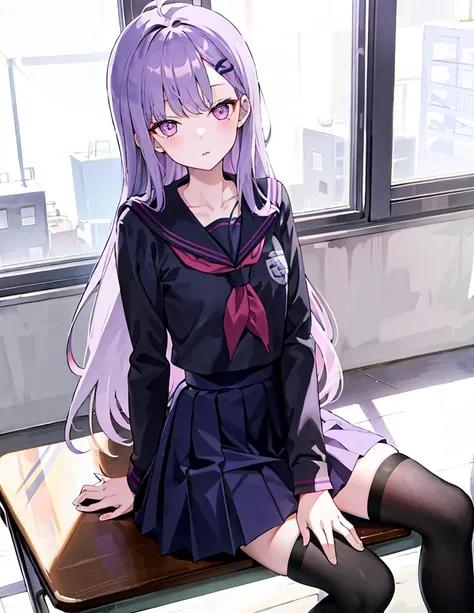 (masterpiece: 1.2, best quality), 1 loli, cute, solo, school uniform, classroom, day, sitting, pastel purple hair, long and stra...