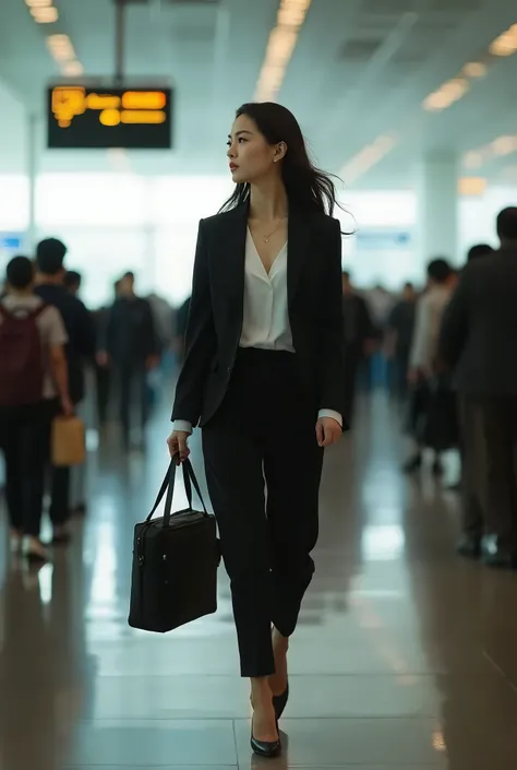 Airport field、 The woman with excellent style was walking coolly through the airport carrying her carrying bag、She was walking fast 々 with a diligent smile, but she looked at me in profile 、Similar to Uchida Yuki、Ultra-realistic, 8k, highly detailed