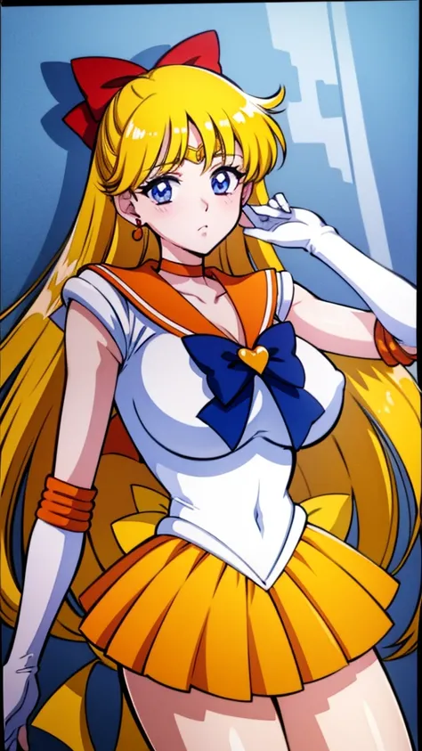 Best Quality,  High Resolution , Large Breasts, [Minako Aino, bangs, (Sailor Venus ,Hair Ribbon, elbow gloves, Neck ribbon, bangs, Long Hair,  circlet,  jewelry , Flower Earrings, Orange Sailor Collar), ,  and embarrassed, Orange Skirt