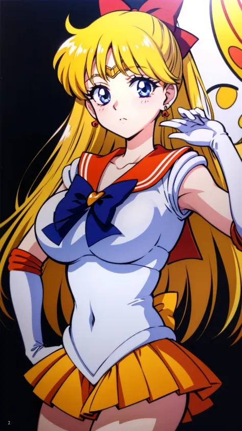 best quality,  high resolution , large breasts, [minako aino, bangs, (sailor venus ,hair ribbon, elbow gloves, neck ribbon, bang...