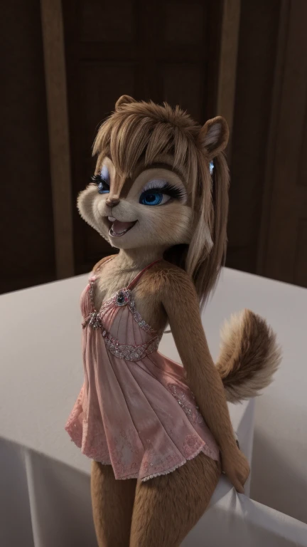 Brittany_Miller, One, chipmunk, fluffy, , feminine,young ,fur detailing, 3d Model,slim body, makeup table ,dresses up ,  draws your eyes with mascara, penetration into a female , sexy body , 18+, sex with a person, first person,light erotica, Model, small ...