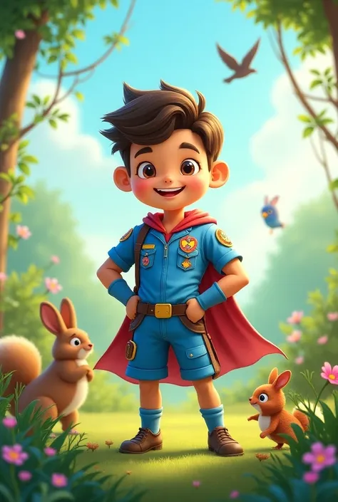  a superhero character in a blue and white scout outfit, Full of badges on the uniform, happy, helping animals and plants 