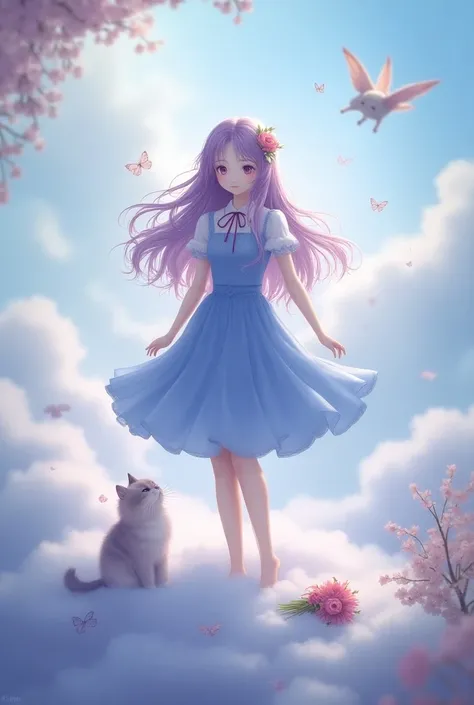 (Extremely detailed, Best Quality), floating, A very delicate and beautiful dreamlike scene.,, , [( 1 girl),(Long purple hair), Detailed face, Neck ribbon, Elegant blue dress, Standing on a cloud, (Wide Shot), ( Mysterious Atmosphere ):1.5],, , [(Butterfly...