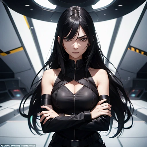 27-year-old female, Beauty, Black long hair, Black Eyes, Angry with arms crossed, Strong-willed, Model, Tall, Combat Uniform, Inside the spaceship