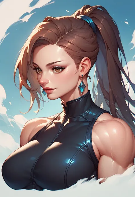 A woman with black sleeveless catsuit with bare shoulders, beautiful face, blue long straight ponytail, earrings, soft smooth skin, pale skin, brown eyes, sci fi, slightly muscular arms