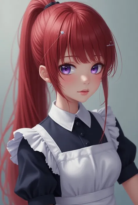 masterpiece,(Best Quality, figure,Detailed face:1.3),( 1 girl,Alone:1.3),  beautifully detailed eyes kept in the car ,  apron, Gradient_background, Gradient, Maid, Purple eyes,red hair,Small breasts,, break, enMaided, white_apron, black_dress,  ponytail, b...