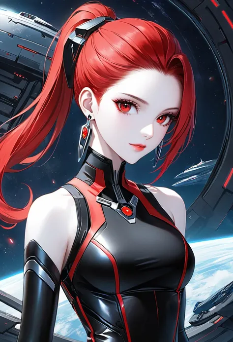 A woman with black sleeveless catsuit with bare shoulders, beautiful face, red long straight ponytail, earrings, soft smooth skin, pale skin, red eyes, sci fi