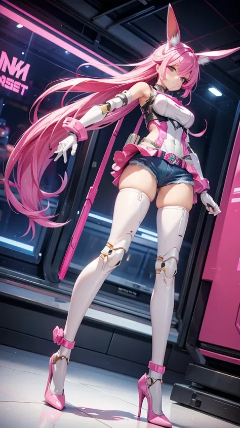  Pink Hair Female Robot，Mechanical Rabbit Ear ，Chest，mechanical joint，Pink Full Body Armor，Sleeveless top，slim figure，Denim Skirt，Thin legs，High heels，City