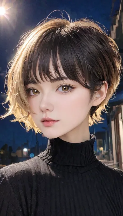 { volume up style|Natural Waves|ADF | pixie cut},  Browse Viewers ,  ( Cinematic :0.7),   Deep Written Boundaries , 
masterpiece, Best Quality, exterior, At night, ( front text :1.3),
 hair ivory , Golden Eyes,