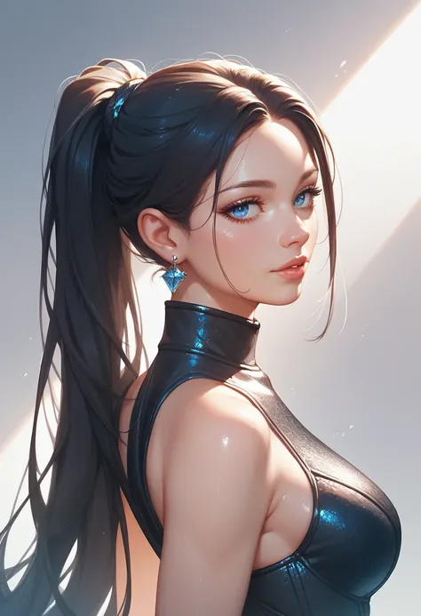 A woman with black sleeveless catsuit with bare shoulders, beautiful face, black long straight ponytail, earrings, soft smooth skin, pale skin, blue eyes, sci fi