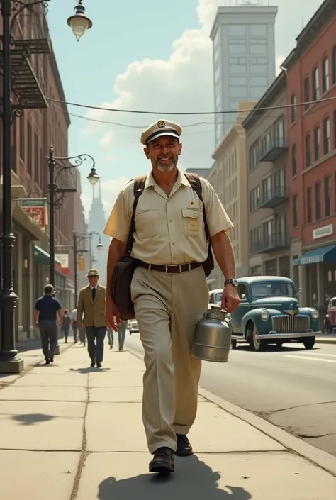 A realistic style image of a milkman walking down the street from the 20th century