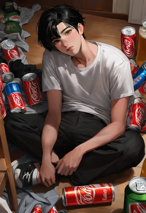 1st son, portrait, Handsome, Alone,lips, male focus, black eyes , looking at the audience , Black hair, short hair, blush, beer can , White short sleeve t-shirt, house, is lying on the floor