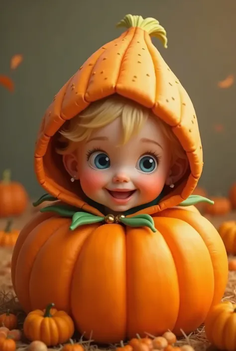 Blonde hair baby with cute blue eyes wearing a Pixar pumpkin costume